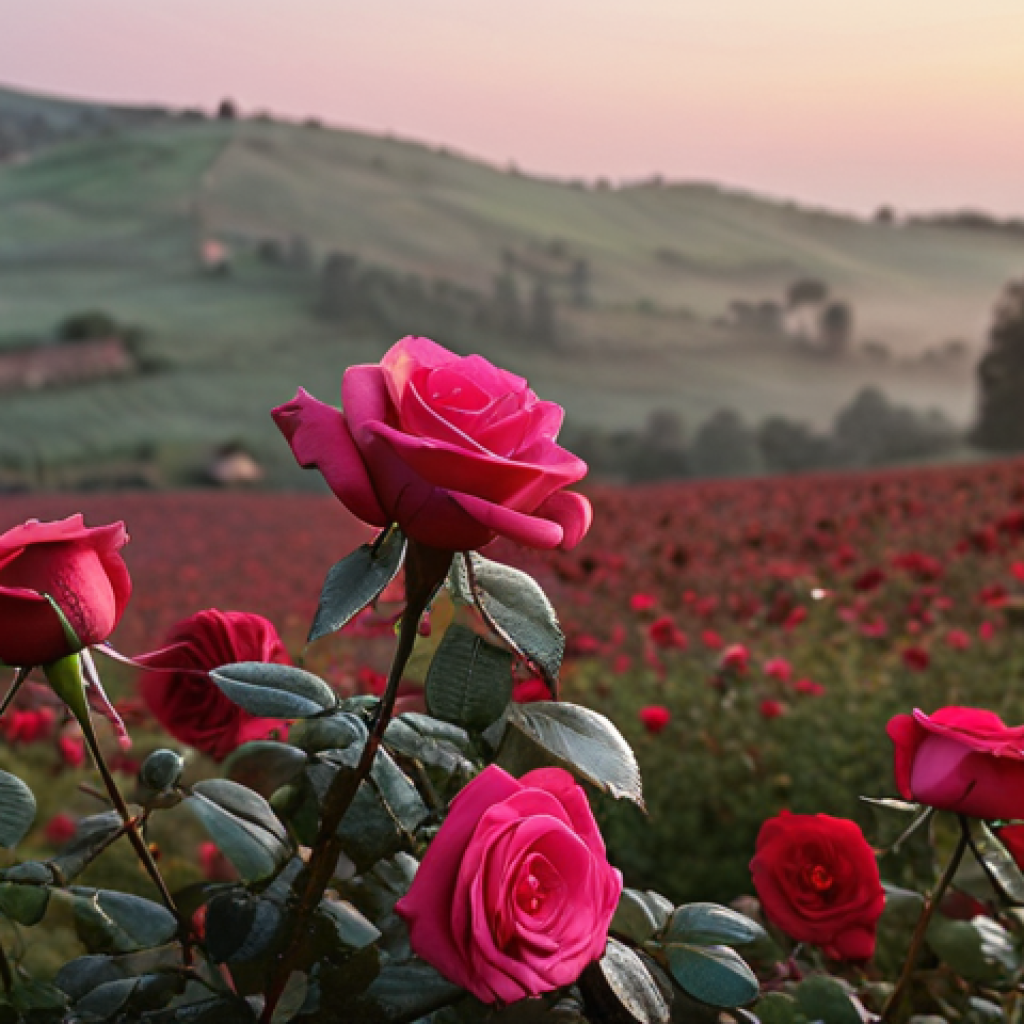 ** A vibrant field of Bulgarian roses at dawn. Dewdrops cling to the velvety petals of deep pink and crimson roses, reflecting the soft light. In the background, a rustic farmhouse and rolling hills are barely visible through a light mist. Focus is on the texture and color of the roses, conveying a sense of luxury and natural beauty.

**
