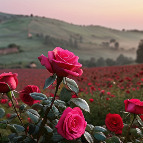 Home 11 ** A vibrant field of Bulgarian roses at dawn. Dewdrops cling to the velvety petals of deep pink and crimson roses, reflecting the soft light. In the background, a rustic farmhouse and rolling hills are barely visible through a light mist. Focus is on the texture and color of the roses, conveying a sense of luxury and natural beauty.
**