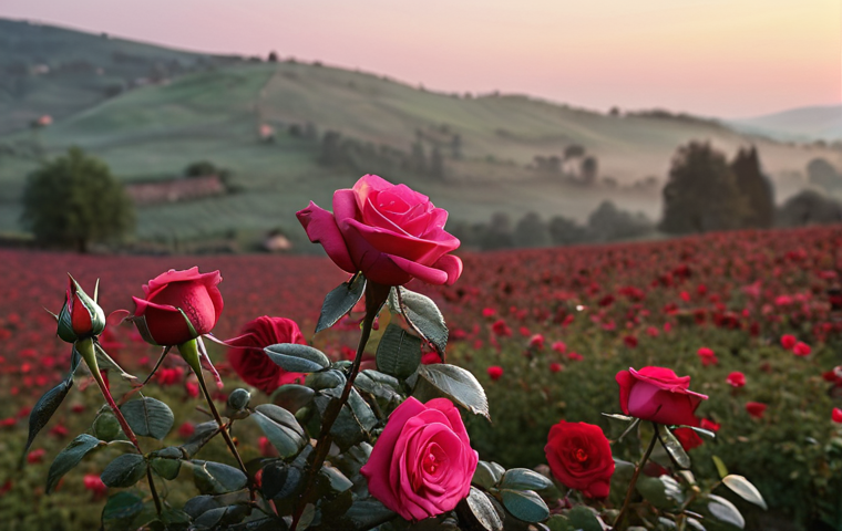 ** A vibrant field of Bulgarian roses at dawn. Dewdrops cling to the velvety petals of deep pink and crimson roses, reflecting the soft light. In the background, a rustic farmhouse and rolling hills are barely visible through a light mist. Focus is on the texture and color of the roses, conveying a sense of luxury and natural beauty.
**