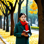 A young Vietnamese woman, fully clothed in a modest, sophisticated autumn coat and scarf, stands contemplatively on a serene, tree-lined street in Hanoi during the golden autumn. She holds a small, elegant book, lost in thought, a subtle expression of gentle nostalgia on her face. The environment suggests tranquility and deep connection to memories, with soft, diffused sunlight illuminating the scene. professional photography, high resolution, perfect anatomy, correct proportions, natural pose, well-formed hands, proper finger count, natural body proportions, safe for work, appropriate content, family-friendly, professional.