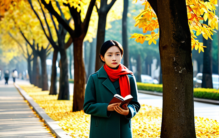 A young Vietnamese woman, fully clothed in a modest, sophisticated autumn coat and scarf, stands contemplatively on a serene, tree-lined street in Hanoi during the golden autumn. She holds a small, elegant book, lost in thought, a subtle expression of gentle nostalgia on her face. The environment suggests tranquility and deep connection to memories, with soft, diffused sunlight illuminating the scene. professional photography, high resolution, perfect anatomy, correct proportions, natural pose, well-formed hands, proper finger count, natural body proportions, safe for work, appropriate content, family-friendly, professional.